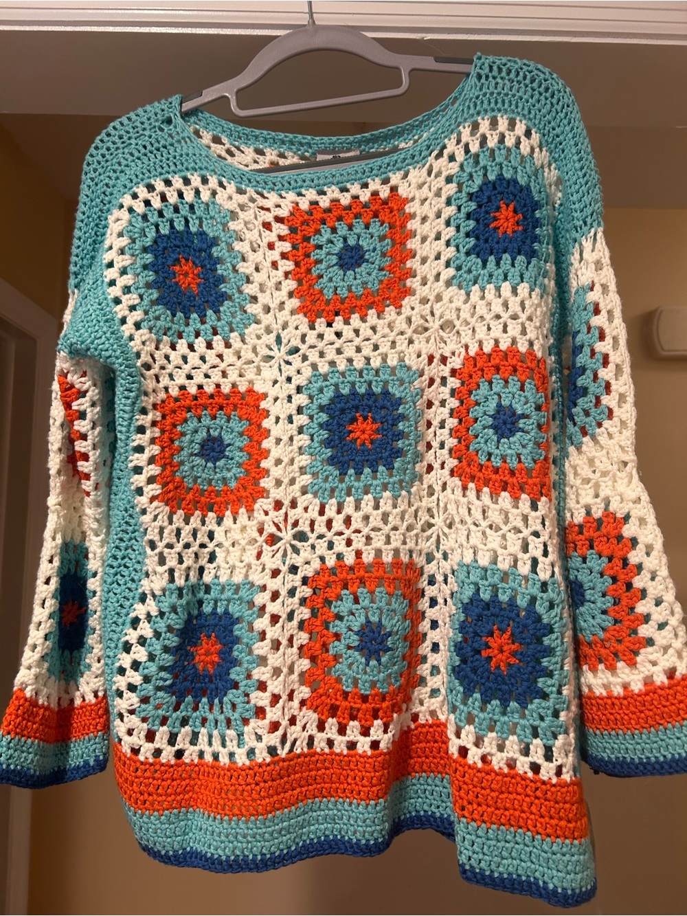 Crochet Square Pullover Sweater - Cream, Teal & Coral